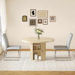2piece PU Padded Dining Chair Set with 47.2 in Round Roman Column Table, Storage Included, Suitable for Restaurants/Wooden color