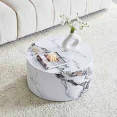 Simple White MarbleTexture Round MDF Coffee Table: 23.6" Diameter × 11.8" Height, Modern Minimalist Style, Perfect for Living Room, Apartment & Home Decor.No Need Assembly.