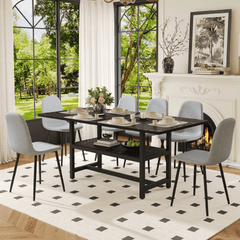 Table and chair set.71*35.4 inch Black Grain Spliced Dining Table With Storage Function In The Middle Of The Table Legs.Paired with 6 Light Gray Linen-Cotton Material High Resilience Dining Chairs.