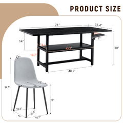 Table and chair set.71*35.4 inch Black Grain Spliced Dining Table With Storage Function In The Middle Of The Table Legs.Paired with 6 Light Gray Linen-Cotton Material High Resilience Dining Chairs.