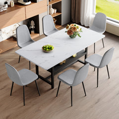 Table and chair set.71*35.4 inch White Grain Spliced Dining Table With Storage Function In The Middle Of The Table Legs.Paired with 6 Light Gray Linen-Cotton Material High Resilience Dining Chairs.