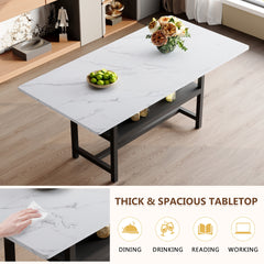 Table and chair set.71*35.4 inch White Grain Spliced Dining Table With Storage Function In The Middle Of The Table Legs.Paired with 6 Light Gray Linen-Cotton Material High Resilience Dining Chairs.