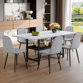 Table and chair set.71*35.4 inch White Grain Spliced Dining Table With Storage Function In The Middle Of The Table Legs.Paired with 6 Light Gray Linen-Cotton Material High Resilience Dining Chairs.