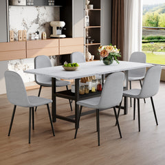 Table and chair set.71*35.4 inch White Grain Spliced Dining Table With Storage Function In The Middle Of The Table Legs.Paired with 6 Light Gray Linen-Cotton Material High Resilience Dining Chairs.