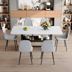 Table and chair set.71*35.4 inch White Grain Spliced Dining Table With Storage Function In The Middle Of The Table Legs.Paired with 6 Light Gray Linen-Cotton Material High Resilience Dining Chairs.
