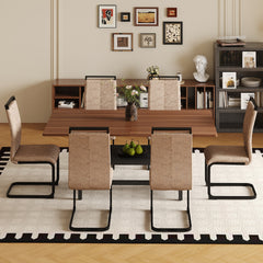 Table and chair set.71 inch long fashionable walnut grain dining table, a practical choice to add color to the home.Paired with 6 Brown Technology Fabric Chairs With C-tube Black Metal Chair Legs.