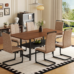 Table and chair set.71 inch long fashionable walnut grain dining table, a practical choice to add color to the home.Paired with 6 Brown Technology Fabric Chairs With C-tube Black Metal Chair Legs.