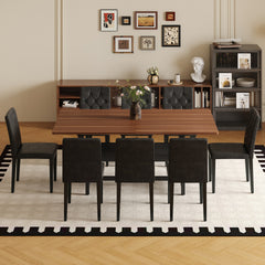 Table and chair set.71*35.4 inch Walnut Grain Spliced Dining Table With Storage Function In The Middle Of The Table Legs.Paired with 8 black PU dining chairs with ergonomic buckle backrest.