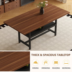 Table and chair set.71*35.4 inch Walnut Grain Spliced Dining Table With Storage Function In The Middle Of The Table Legs.Paired with 8 black PU dining chairs with ergonomic buckle backrest.