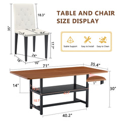 Table and chair set.71*35.4 inch Walnut Grain Spliced Dining Table With Storage Function In The Middle Of The Table Legs.Paired with 8 white PU dining chairs with ergonomic buckle backrest.