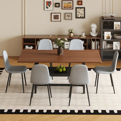 Table and chair set.71*35.4 inch fashionable walnut grain dining table, a practical choice to add color to the home.Paired with 6 Light Gray Linen-Cotton Material High Resilience Dining Chairs.