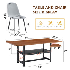 Table and chair set.71*35.4 inch fashionable walnut grain dining table, a practical choice to add color to the home.Paired with 8 Light Gray Linen-Cotton Material High Resilience Dining Chairs.