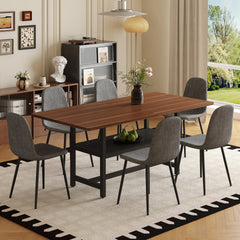 Table and chair set.71*35.4 inch fashionable walnut grain dining table, a practical choice to add color to the home.Paired with 6 Dark Gray Linen-Cotton Material High Resilience Dining Chairs.