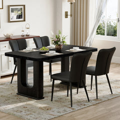 Table and chair set. 64.5 x 35.4 Inch Stylish Black Wood Color Textured Dining Table.Paired with 4 Black PU chairs with a vertical stripe design on the backrest and black metal legs.