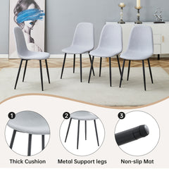 Table and Chair Set. A 55-Inch minimalist retro rectangular dining table with a black textured top.Paired with 6 Light Gray Linen-Cotton Material High Resilience Dining Chair with Metal Leg.