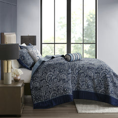 5 Piece Jacquard Bedspread Set with Throw Pillows Navy Queen