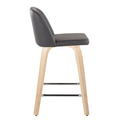 Toriano 24" Contemporary Fixed Height Counter Stool with Swivel in Natural Wood and Grey Faux Leather with Square Chrome Metal Footrest by LumiSource - Set of 2