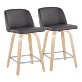 Toriano 24" Contemporary Fixed Height Counter Stool with Swivel in Natural Wood and Grey Faux Leather with Square Chrome Metal Footrest by LumiSource - Set of 2