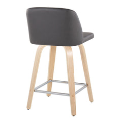 Toriano 24" Contemporary Fixed Height Counter Stool with Swivel in Natural Wood and Grey Faux Leather with Square Chrome Metal Footrest by LumiSource - Set of 2