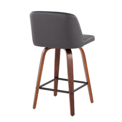 Toriano Mid-Century Modern Fixed-Height Counter Stool in Walnut Wood with Square Black Footrest and Grey Faux Leather by LumiSource - Set of 2
