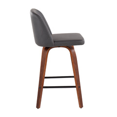 Toriano Mid-Century Modern Fixed-Height Counter Stool in Walnut Wood with Square Black Footrest and Grey Faux Leather by LumiSource - Set of 2