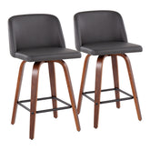 Toriano Mid-Century Modern Fixed-Height Counter Stool in Walnut Wood with Square Black Footrest and Grey Faux Leather by LumiSource - Set of 2