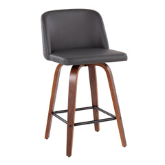 Toriano Mid-Century Modern Fixed-Height Counter Stool in Walnut Wood with Square Black Footrest and Grey Faux Leather by LumiSource - Set of 2