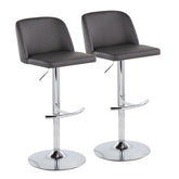 Toriano Contemporary Adjustable Bar Stool in Chrome with Rounded T Footrest and Grey Faux Leather by LumiSource - Set of 2