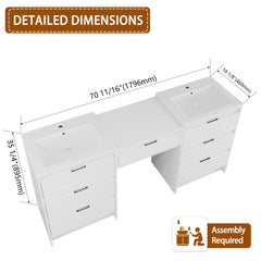 72" Freestanding Bathroom Vanity with Resin Sink, and 1-Side Cabinet Combination, Soft Closing Drawers, Glossy White, Plywood(KD-Packing)