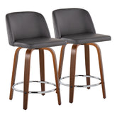 Toriano 24" Mid-Century Modern Fixed Height Counter Stool with Swivel in Walnut Wood and Grey Faux Leather with Round Chrome Metal Footrest by LumiSource - Set of 2