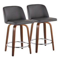 Toriano 24" Mid-Century Modern Fixed Height Counter Stool with Swivel in Walnut Wood and Grey Faux Leather with Round Chrome Metal Footrest by LumiSource - Set of 2