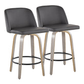 Toriano 26" Contemporary Fixed Height Counter Stool with Swivel in Light Grey Wood and Grey Faux Leather with Round Black Metal Footrest by LumiSource - Set of 2