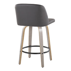 Toriano 26" Contemporary Fixed Height Counter Stool with Swivel in Light Grey Wood and Grey Faux Leather with Round Black Metal Footrest by LumiSource - Set of 2