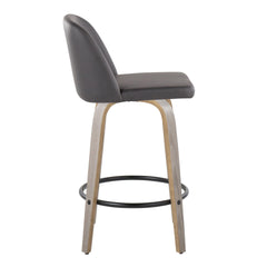 Toriano 26" Contemporary Fixed Height Counter Stool with Swivel in Light Grey Wood and Grey Faux Leather with Round Black Metal Footrest by LumiSource - Set of 2