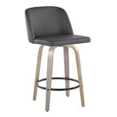 Toriano 26" Contemporary Fixed Height Counter Stool with Swivel in Light Grey Wood and Grey Faux Leather with Round Black Metal Footrest by LumiSource - Set of 2