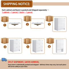 72" Freestanding Bathroom Vanity with Resin Sink, 1-Storage Cabinet and 1-Wall Cabinet Combination, Soft Closing Drawers and Door, Glossy White, Plywood(KD-Packing)