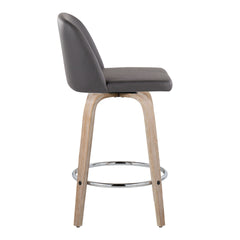 Toriano 26" Contemporary Fixed-Height Counter Stool with Swivel in Whitewashed Wood and Grey Faux Leather with Round Chrome Metal Footrest by LumiSource - Set of 2