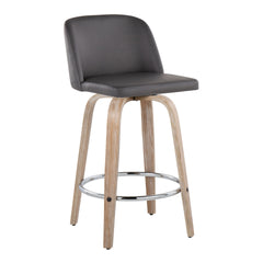 Toriano 26" Contemporary Fixed-Height Counter Stool with Swivel in Whitewashed Wood and Grey Faux Leather with Round Chrome Metal Footrest by LumiSource - Set of 2