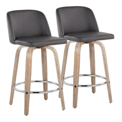 Toriano 26" Contemporary Fixed-Height Counter Stool with Swivel in Whitewashed Wood and Grey Faux Leather with Round Chrome Metal Footrest by LumiSource - Set of 2