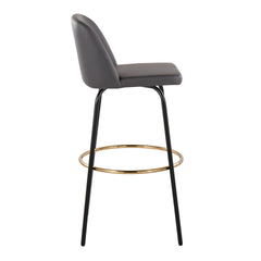 Toriano 30" Contemporary Fixed Height Barstool with Swivel in Grey Faux Leather and Black Metal with Round Gold Footrest by LumiSource - Set of 2