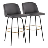 Toriano 30" Contemporary Fixed Height Barstool with Swivel in Grey Faux Leather and Black Metal with Round Gold Footrest by LumiSource - Set of 2