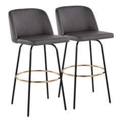 Toriano 30" Contemporary Fixed Height Barstool with Swivel in Grey Faux Leather and Black Metal with Round Gold Footrest by LumiSource - Set of 2