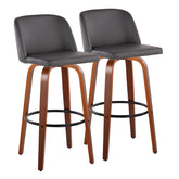Toriano 30" Mid-Century Modern Fixed Height Barstool with Swivel in Walnut Wood and Grey Faux Leather with Round Black Metal Footrest by LumiSource - Set of 2