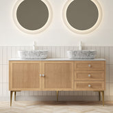 MUNIN 60" Bathroom Vanity&Sinks, Freestanding Plywood Storage Cabinet with Legs, 2 Door&3 Drawers, Carrara White Sintered Stone Top&2 Marble Pattern Ceramic Basins, Pre-assembled, Oak Woodgrain Color