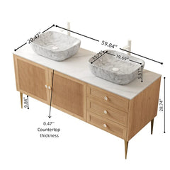 MUNIN 60" Bathroom Vanity&Sinks, Freestanding Plywood Storage Cabinet with Legs, 2 Door&3 Drawers, Carrara White Sintered Stone Top&2 Marble Pattern Ceramic Basins, Pre-assembled, Oak Woodgrain Color