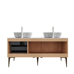 MUNIN 60" Bathroom Vanity&Sinks, Freestanding Plywood Storage Cabinet with Legs, 2 Door&3 Drawers, Carrara White Sintered Stone Top&2 Marble Pattern Ceramic Basins, Pre-assembled, Oak Woodgrain Color