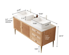 MUNIN 60" Bathroom Vanity with Sinks, Freestanding Plywood Storage Cabinet with 4 Metal Legs, 2 Door and 3 Drawers, 2 White Rectangular Ceramic Basins, NO Faucet, Pre-assembled, Oak Woodgrain Color