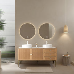 MUNIN 60" Bathroom Vanity with 2 Sinks, Freestanding Plywood Storage Cabinet with 5 Metal Legs, 3 Drawers and 2 Doors, White Ceramic Basin without Faucet, Pre-assembled, Oak Woodgrain Color