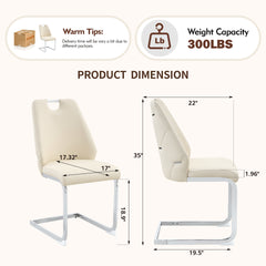 Dining Chairs Set of 2, Off White Faux Leather Kitchen Chairs with Gold Mesh Texture, Silver Back Ring and Chrome Pull Handle, High Back Upholstered Dining Room Chair (Off White, Set of 2)