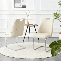 Dining Chairs Set of 2, Off White Faux Leather Kitchen Chairs with Gold Mesh Texture, Silver Back Ring and Chrome Pull Handle, High Back Upholstered Dining Room Chair (Off White, Set of 2)